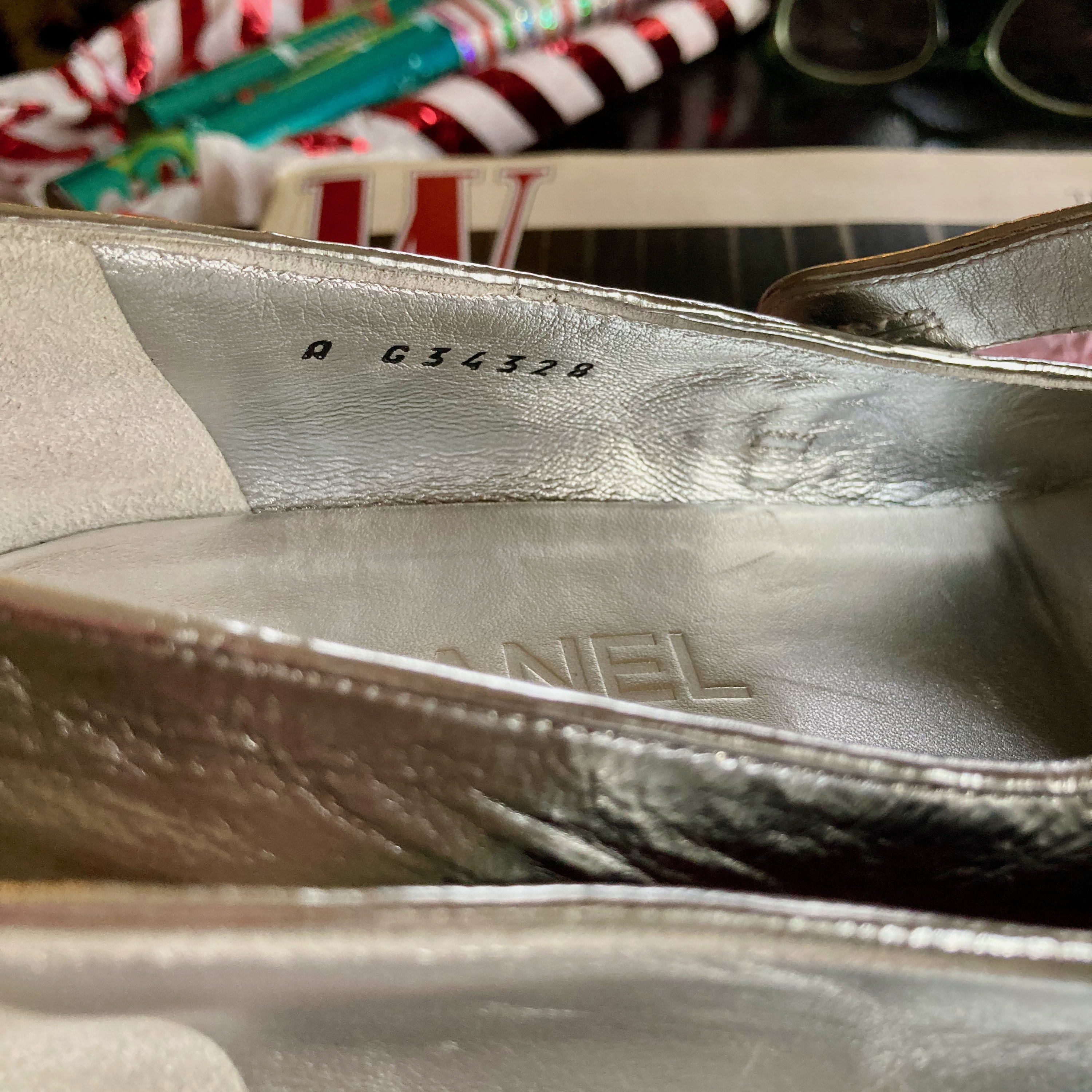 CHANEL Silver Metallic Goatskin Mary Janes Cap Toe CC Logo