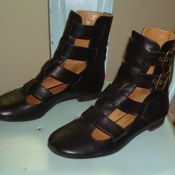 Super Cool Marc Jacobs Triple Strap Buckle Boots Black Leather Gladiator Flat Cut Out 37.5 7