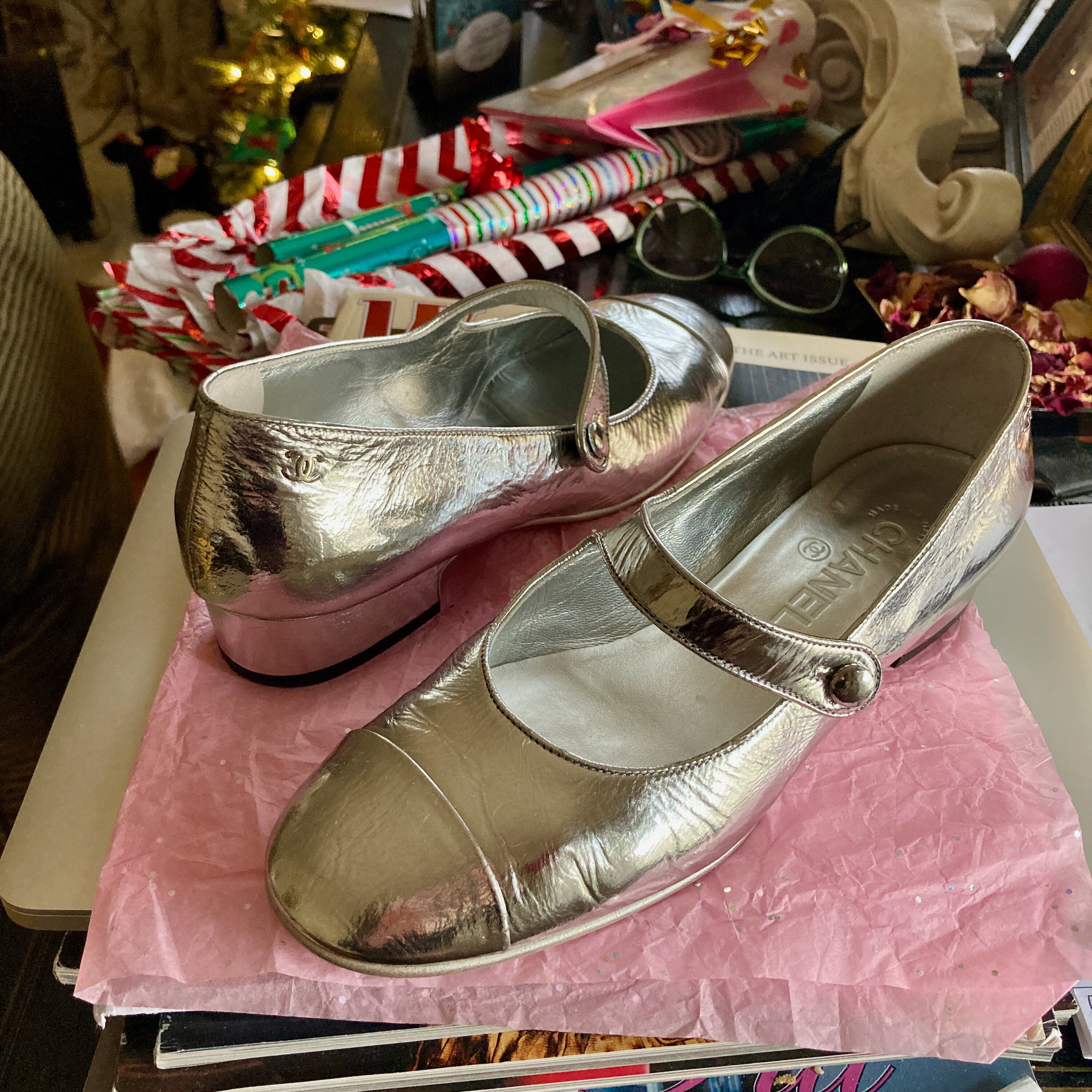 CHANEL Silver Metallic Goatskin Mary Janes Cap Toe CC Logo