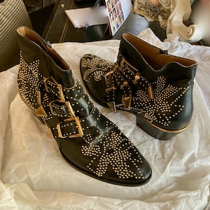 Chloe Susanna Lambskin Boots Black/gold Studs 37.5 7.5 8 - Etsy
