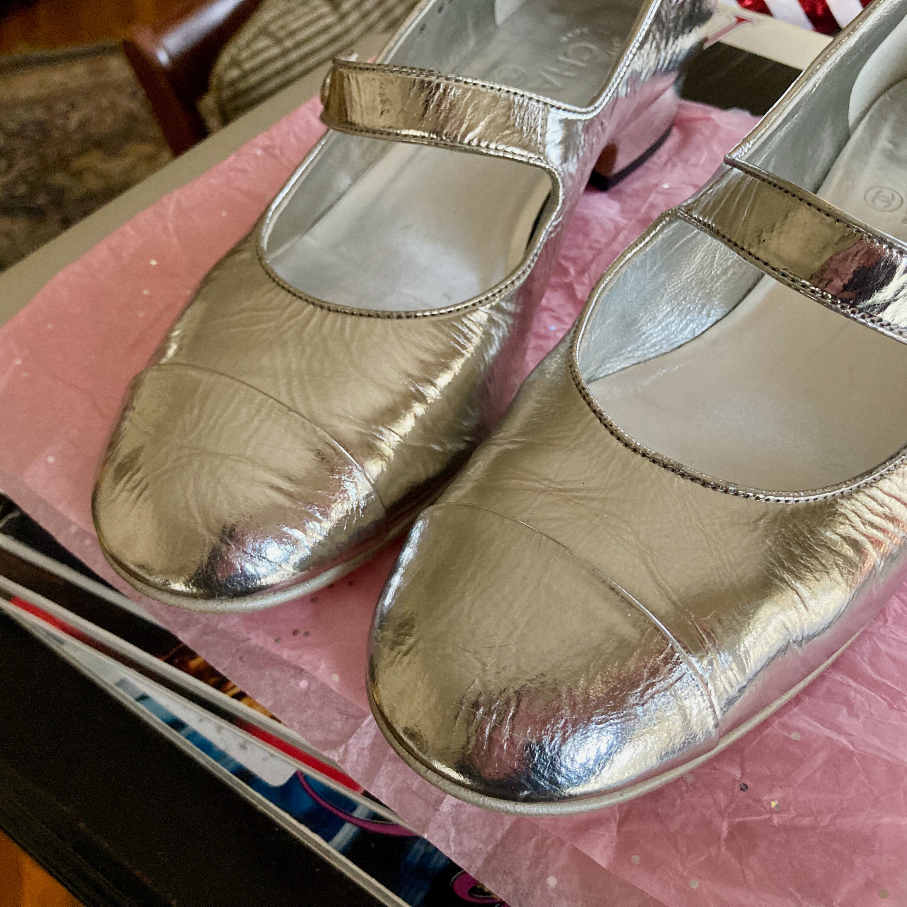 CHANEL Silver Metallic Goatskin Mary Janes Cap Toe CC Logo