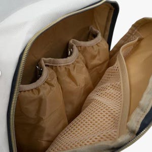 Pu&ograve; includere: Una borsa per pannolini bianca e blu navy con pi&ugrave; tasche e un vano a rete. La borsa ha una chiusura a zip e un tiretto dorato.