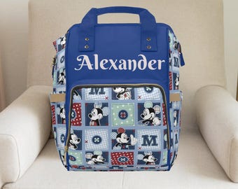 Mochila a cuadros de Mickey Mouse, Disney, Mochila de Mickey Mouse, Bolsa de pañales para niño, Bolsa de pañales personalizada, Mochila a cuadros, Baby shower de Mickey