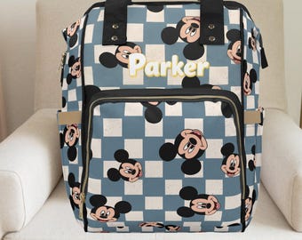 Mickey Mouse, bolsa de pañales de Mickey Mouse, bolsa de pañales para niño, bolsa de pañales personalizada, mochila a cuadros, Disney, regalo de Disney, regalo personalizado para niño,