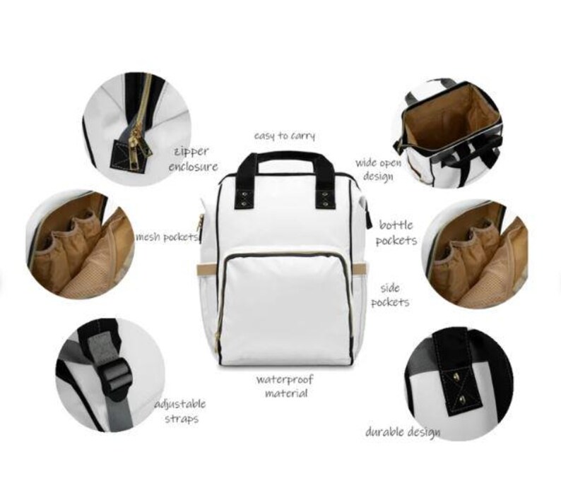 Pu&ograve; includere: Zaino per pannolini bianco con dettagli neri e dettagli di cerniera dorati. Lo zaino ha pi&ugrave; tasche, tra cui tasche laterali, tasche per biberon e tasche a rete. Lo zaino ha spalline regolabili e un design ad apertura larga.