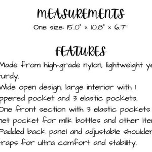 Pu&ograve; includere: Una borsa per pannolini in nylon con pi&ugrave; tasche e spalline regolabili. La borsa misura 15,0 pollici per 10,8 pollici per 6,7 pollici.