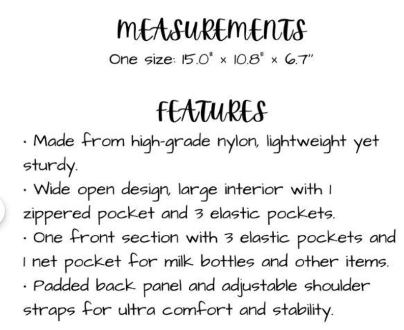 Pu&ograve; includere: Una borsa per pannolini in nylon con pi&ugrave; tasche e spalline regolabili. La borsa misura 15,0 pollici per 10,8 pollici per 6,7 pollici.