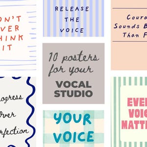 Könnte beinhalten: Eine Sammlung farbenfroher Poster mit motivierenden Zitaten für ein Gesangsstudio. Die Poster zeigen Sätze wie „Don't Over Think It“, „Release the Voice“ und „Every Voice Matters“. Die Designs verwenden verschiedene Schriftarten und Hintergründe.
