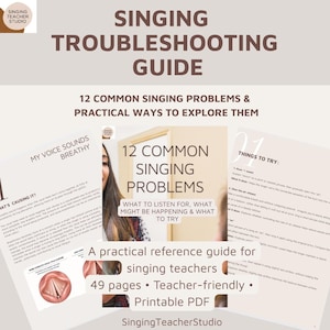 Op de afbeelding: Een 49-pagina tellende, printbare PDF-gids voor zangproblemen getiteld Singing Troubleshooting Guide, 12 Common Singing Problems & Practical Ways to Explore Them. Het document bevat pagina's met stemproblemen en oefeningen.