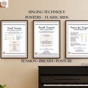 May include: Three framed educational posters titled Singing Technique Posters + Flashcards, Vocal Tension, Breath Support, and Posture for Singers. Each white poster features black text, diagrams, and instructions for vocal training.
