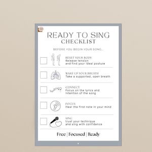 Op de afbeelding: Een witte rechthoekige checklist getiteld READY TO SING CHECKLIST met vijf stappen: Reset your body, Wake up your breath, Connect, Focus en Sing. Elke stap bevat een selectievakje en een zwart lijnicoon voor houding, longen, muzieknoten, een oor en een microfoon.