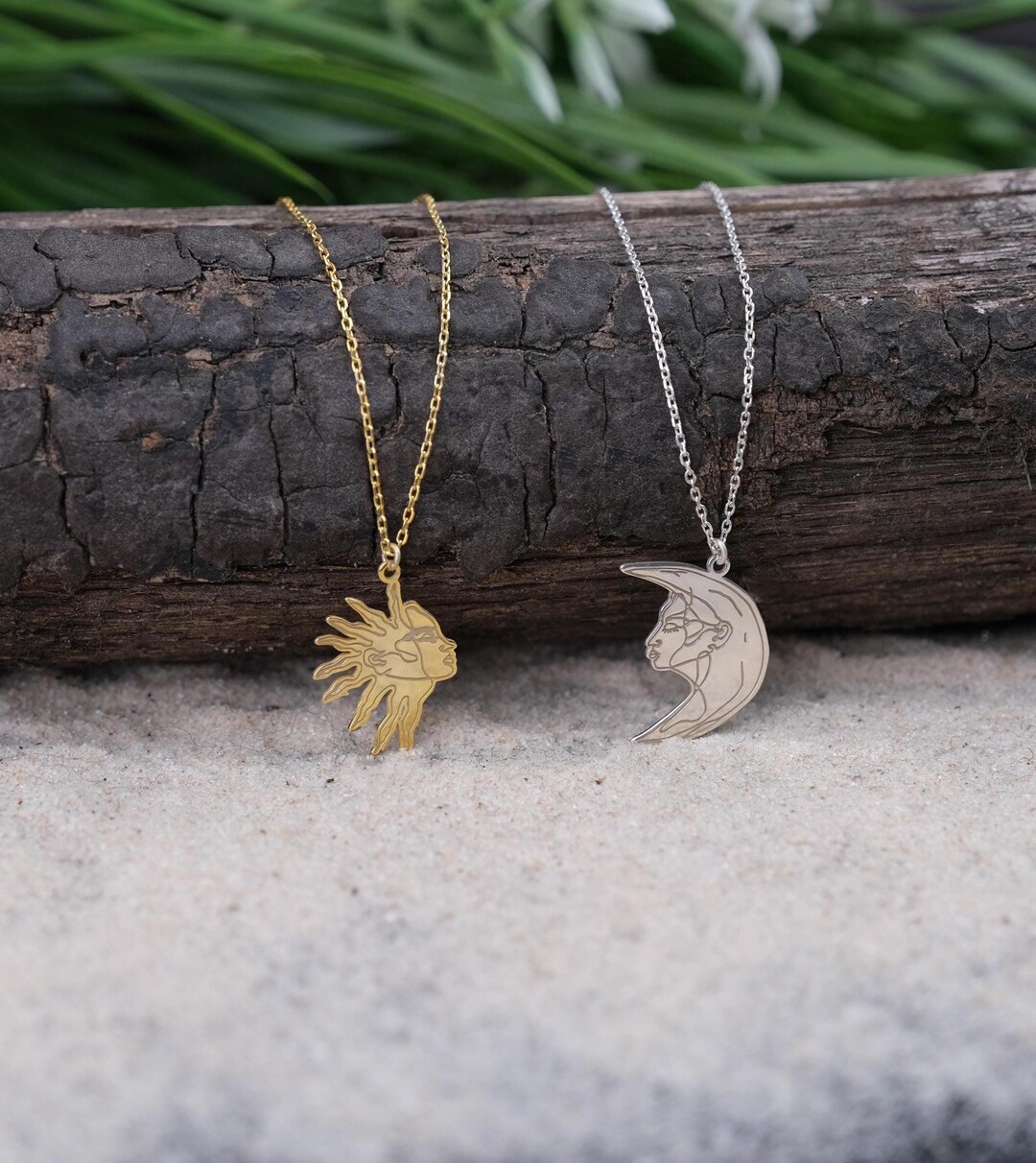 Silver Sun and Moon Face Necklace, Celestial Pendant Handmade Sterling ...
