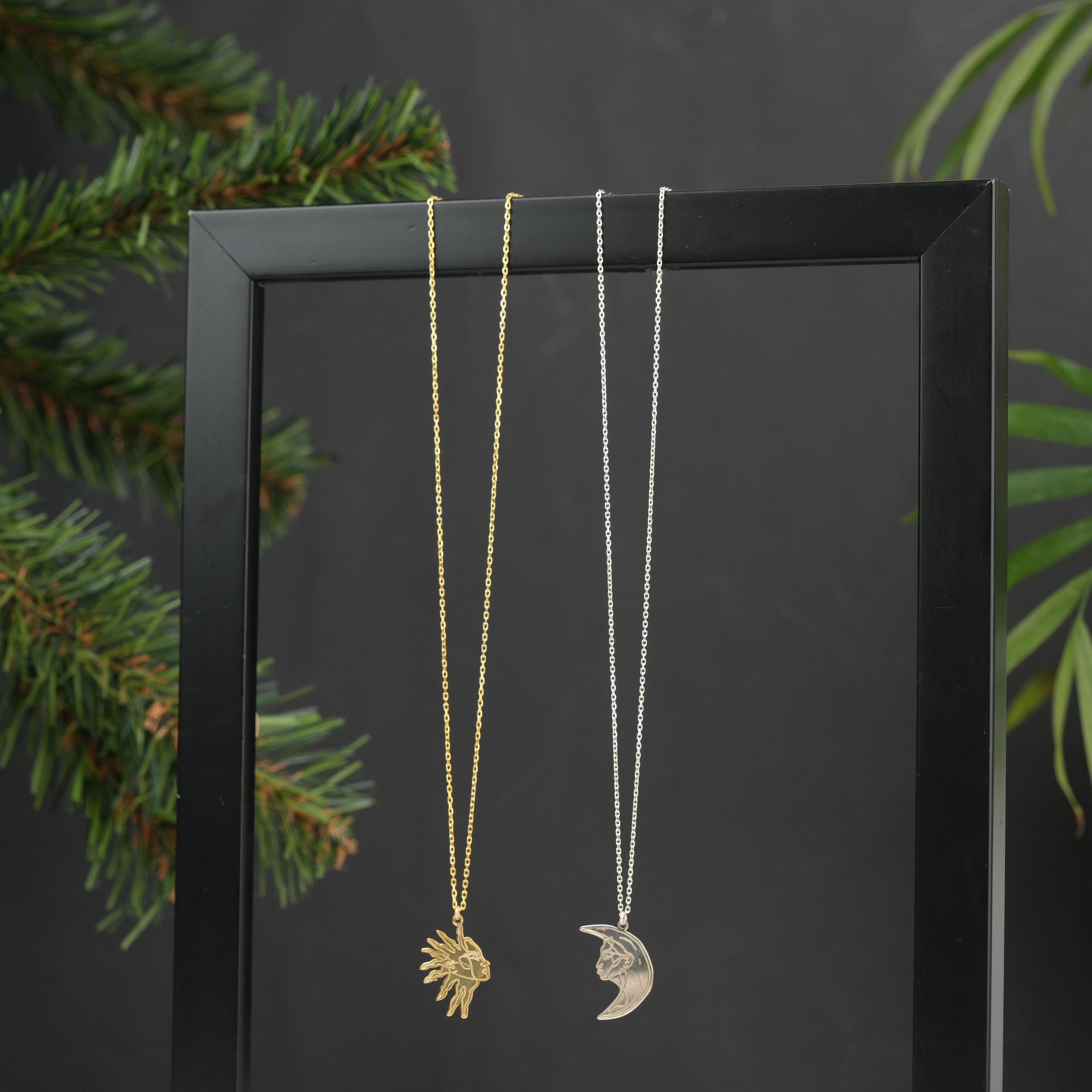 Silver Sun and Moon Face Necklace, Celestial Pendant Handmade Sterling ...