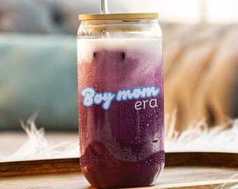 Boy Mom Era Sipper Glass, 16oz Tempered Glass Tumbler, Mother's Day Gift
