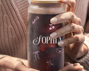 Personalized Sipper Glass 16oz,  Valentines Day Cup, VDAY Gift for Her, Coquette Decor, Cute Gift, iced coffee cup,Iced Latte Glass Cup