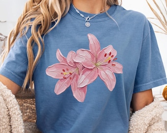 Pink Lily Shirt Comfort Colors, Vintage Botanical Flower Tee, Cottagecore Floral Shirt, Hand Painted Lily Graphic, Nature Lover Gift