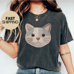 T-shirt imitatie patchwork katten, T-shirt cute Kitty, gewatteerde stijl dierenvriend cadeau, cottagecore bloementop, rustiek shirt boerderijkat