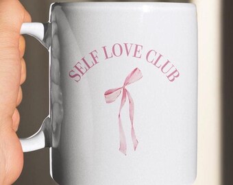 Self Love Club Mug: Vintage-Inspired Coffee Cup with Pink Bow
