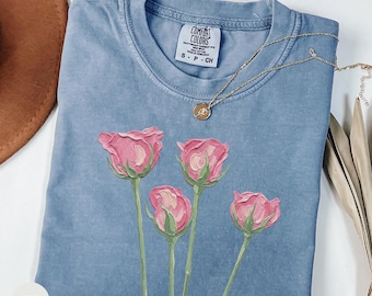 Vintage Rose Shirt Comfort Colors, Botanical Flower Tee, Cottagecore Floral Shirt, Hand Painted Rose Graphic, Nature Lover Gift for Her