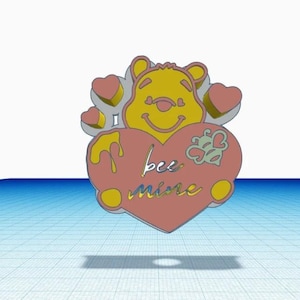 May include: A yellow cartoon bear holding a pink heart with the text "I bee mine" and a bee with a heart on its back. The bear is surrounded by pink hearts.