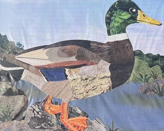 May include: A collage artwork featuring a mallard duck standing on a rock with a blue and green background. The duck is made of various paper textures and colors.