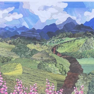 May include: A collage print of a landscape with mountains, a winding path, and pink flowers in the foreground. The print is signed "Sarah Dip" in the bottom left corner.