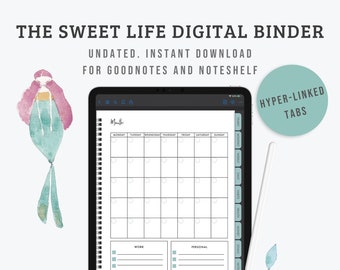 Watercolor Mermaid Design Digital Planner for Daily to Yearly Planning on iPad, Mermaid Planner Design for Goodnotes, Hyperlinked with Tabs