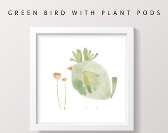 Green bird watercolor art print for nursery, detailed modern wild bird painting for family room, unframed nature illustration wall artwork