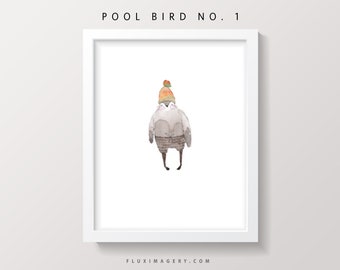 Pool party bird no. 1 watercolor art print for beach house, whimsical ocean theme wall decor, hipster outfit nursery illustration artwork