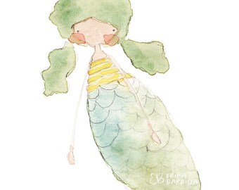 Watercolor mermaid wall art, quirky mermaid artwork, ocean themed wall art, mermaid watercolor art print