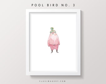 Pool party bird no. 3 watercolor art print for beach house, whimsical ocean theme wall decor, hipster outfit nursery illustration artwork