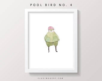 Pool party bird no. 4 watercolor art print for beach house, whimsical ocean theme wall decor, hipster outfit nursery illustration artwork