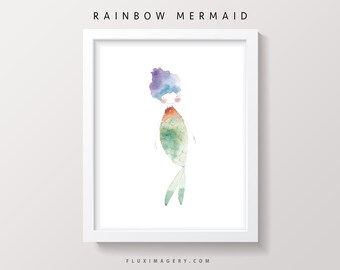 Whimsical rainbow mermaid watercolor art print for girl's bedroom, afro artwork wall decor, ocean themed artwork for nursery,  mermaid tail