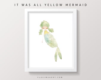 Yellow stripes mermaid watercolor art print for girl's room, ocean themed nursery artwork, watercolor mermaid wall art