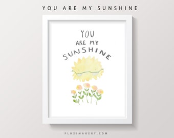 Happy you are my sunshine watercolor art print for nursery, neutral wall art, boho wall decor, sunshine art print