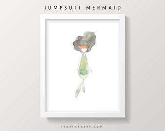 Jumpsuit mermaid watercolor art print for modern bohemian room, mermaid art for ocean themed room, boho theme wall decor