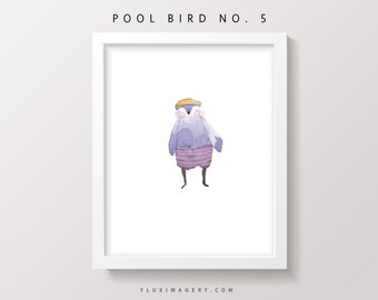 Pool party bird no. 5 watercolor art print for beach house, whimsical ocean theme wall decor, hipster outfit nursery illustration artwork