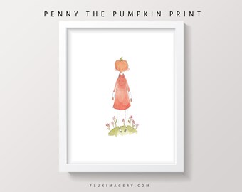 Pumpkin school girl watercolor painting illustration art print for girl's room,  cute not creepy minimalist Halloween character wall art