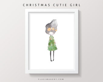 Watercolor girl print, christmas tree artwork, holiday wall art, girl princess, watercolor art giclee print