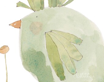 Watercolor bird art print, green bird watercolor artwork, watercolor painting, bird wall decor