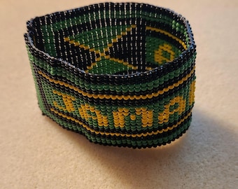 Hand Beaded Jamaica Flag Bracelet, Caribbean Seed Bead Cuff, Clasp-Free Wristband