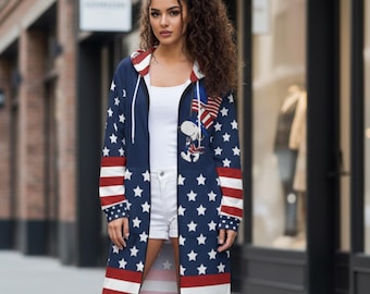 Sudadera con capucha y cremallera completa para mujer con estampado de la bandera estadounidense, abrigo patriótico de Snoopy