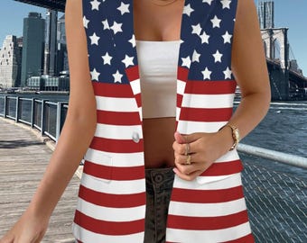 Blazer sin mangas con la bandera estadounidense, chaleco patriótico de poliéster, top con estrellas y rayas.