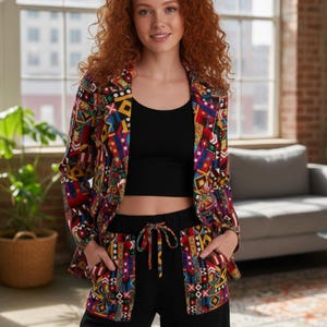 Colorful Abstract Geometric Blazer for Women, Bold Patchwork Party Jacket, Artistic Festival Streetwear, Unique Fashion Statement Coat.