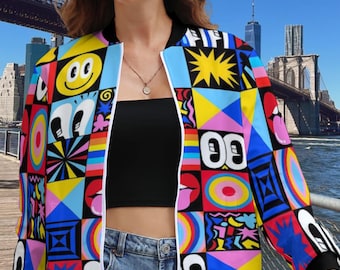 Blouson aviateur Pop Art RayGiDesign, imprimé graffiti style Memphis, festival Rave Wear