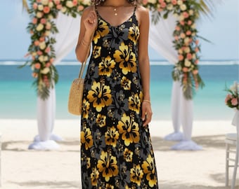 Gold Hibiscus Floral Maxi Dress | Tropical Boho Sling Summer Vacation Wear