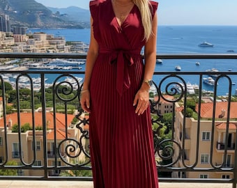 Burgundy Pleated Maxi Dress, V-Neck Ruffle Sleeve Evening Gown, Formal Wedding Guest Party Dress