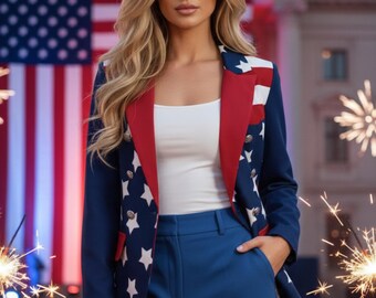 Blazer cruzado con la bandera estadounidense / Chaqueta con estampado de estrellas y rayas, ropa patriótica