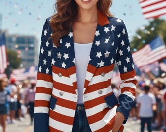 Blazer con la bandera estadounidense – Chaqueta estilo patriótico con estrellas y rayas, Sudadera con capucha y cremallera larga – Chaqueta larga estilo gabardina con estrellas y rayas de USA Pride, Pantalones de mujer, Ropa de mujer