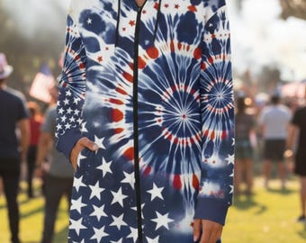 Sudadera larga con capucha y cremallera con estampado tie-dye de la bandera de EE. UU. para mujer – Parka patriótica americana – Conjunto a juego patriótico de EE. UU. Sudadera larga con capucha y cremallera